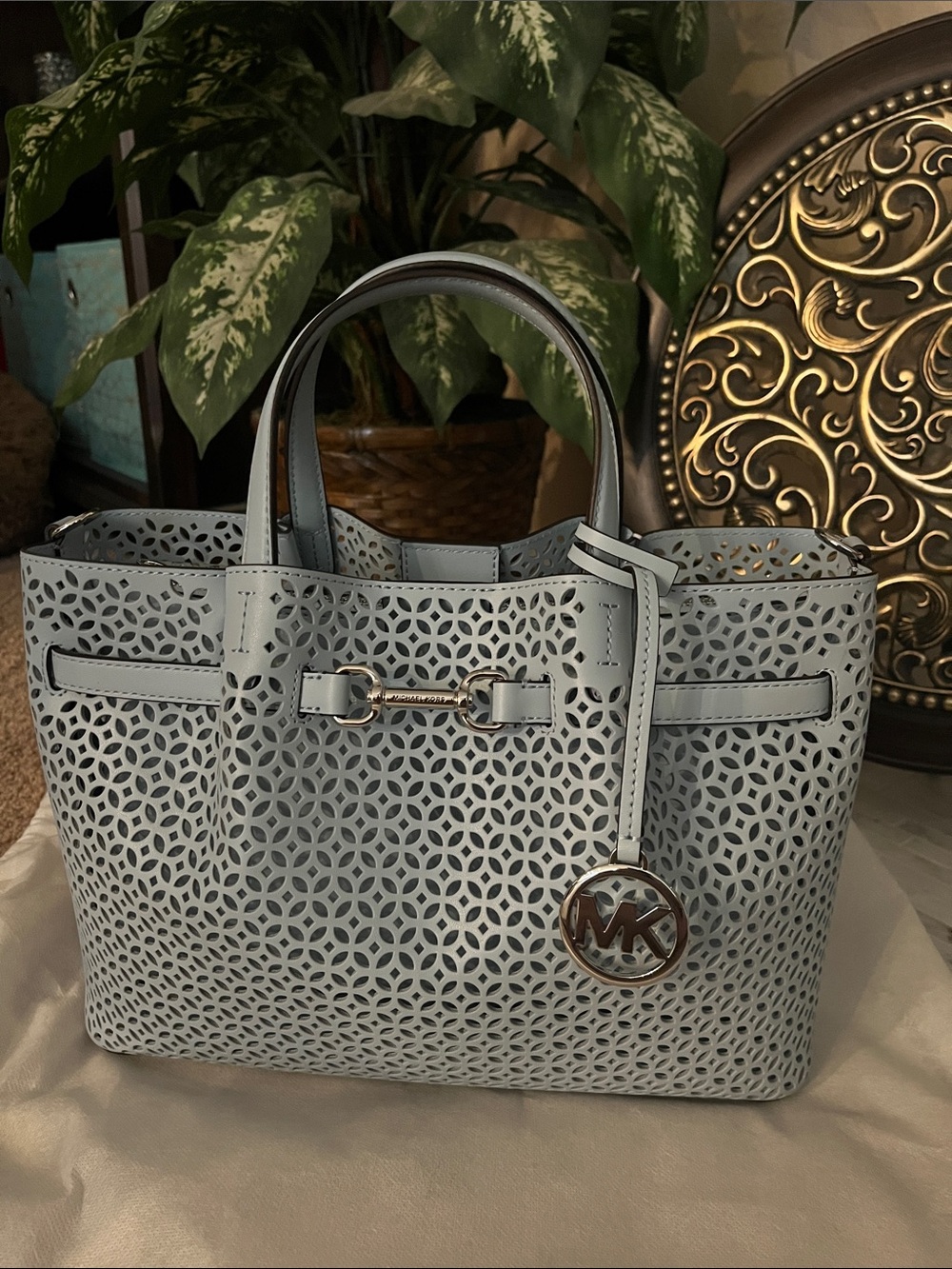 Michael Kors Sky Blue Laser-Cut Leather Tote with MK Charm